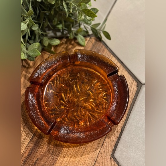 Other - Vintage Depression Era Amber Glass Round 7” Diameter Ashtray Heavy Flame Design